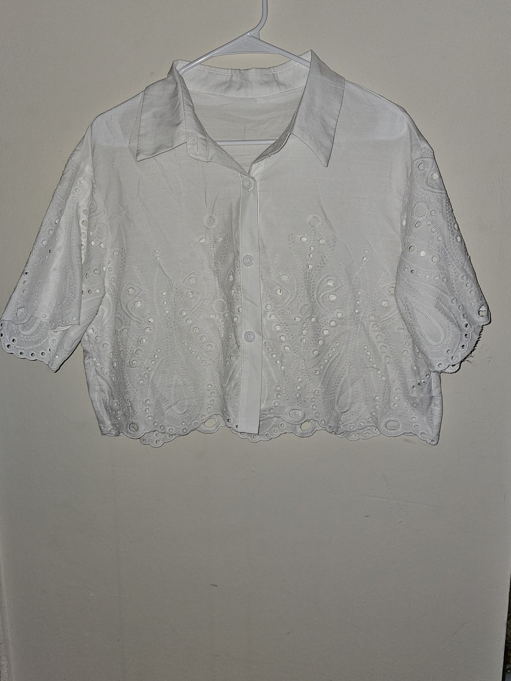 White Embroidered Eyelet Crop Button-Up Top